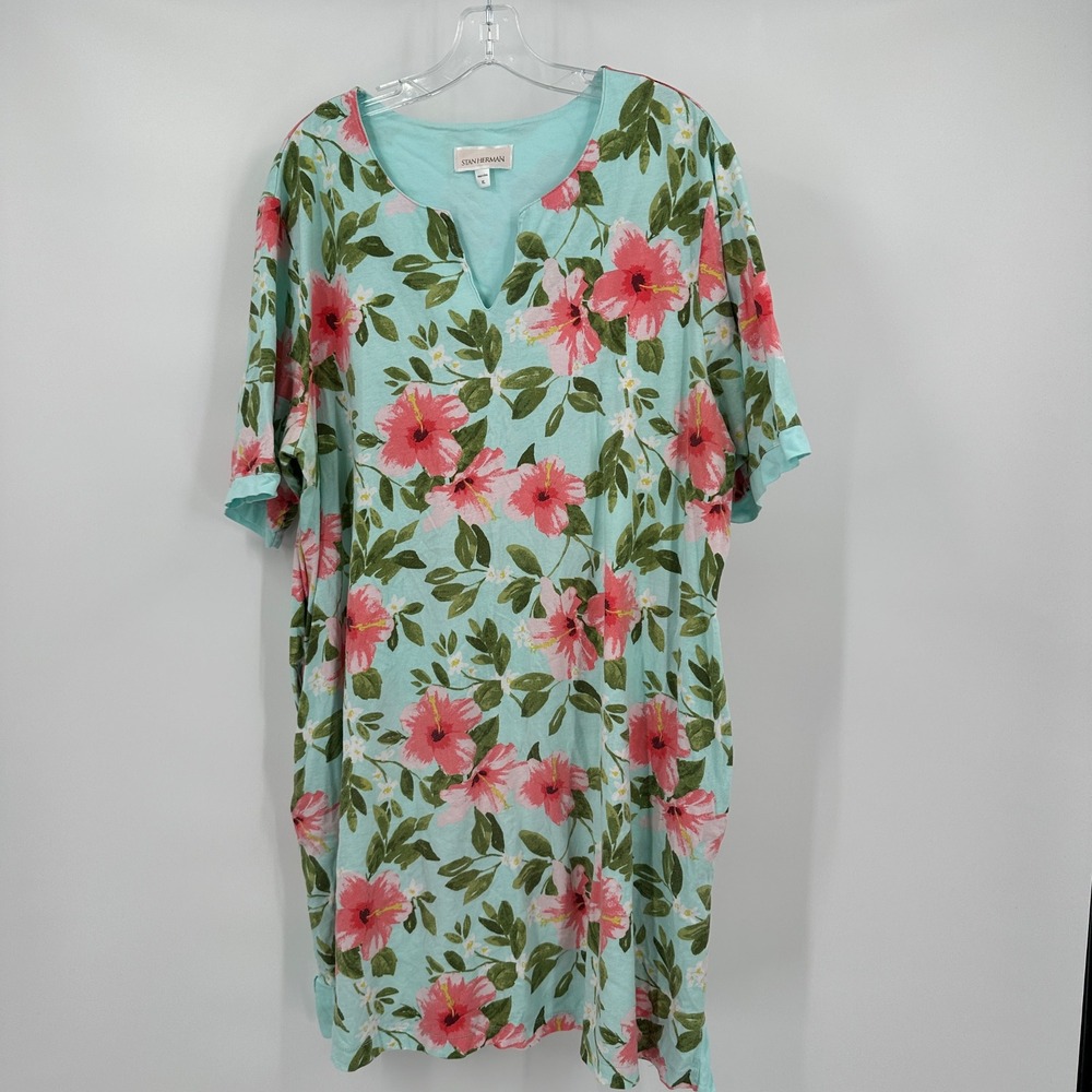 Stan Herman Women Floral Nightgown Size XL Aqua‎ Pink Lounge Dress Sleep Shirt
